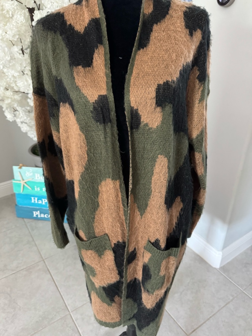 Open-Front Camouflage Cardigan Sweater in Olive, Black & Brown